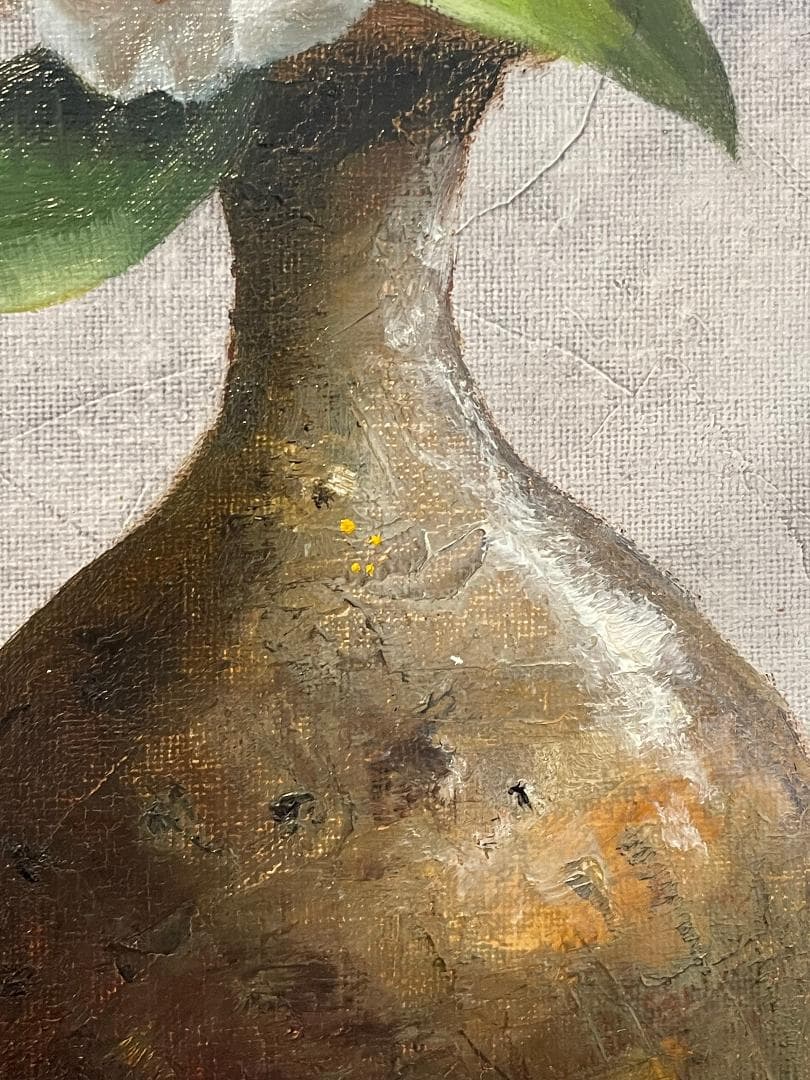 真作」安田英明「椿」静物画 油彩画 額装 サイン有り F4号