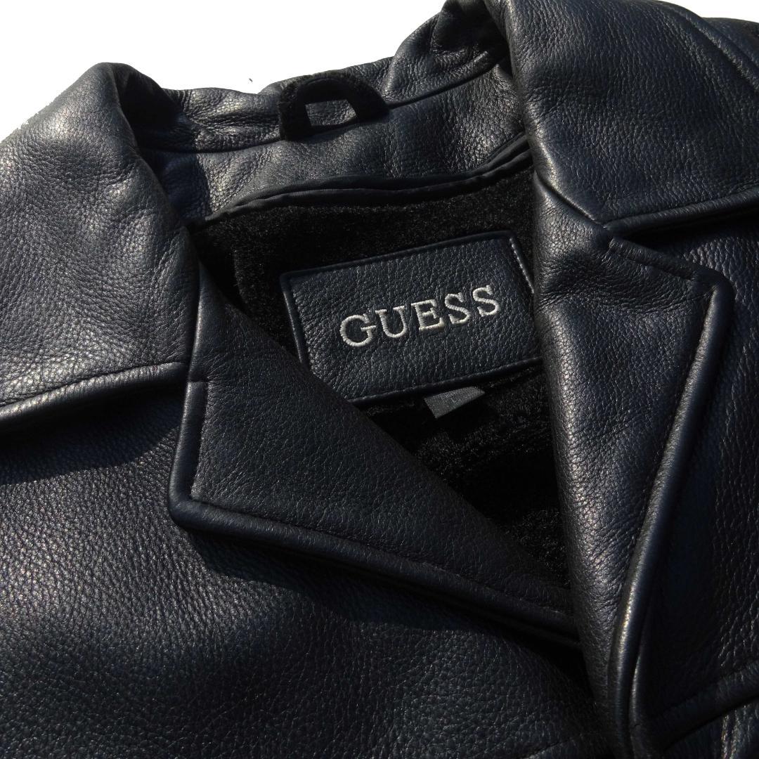 美品 ゲス Guess シボ 本革レザーレザーカーコート ライナー付き