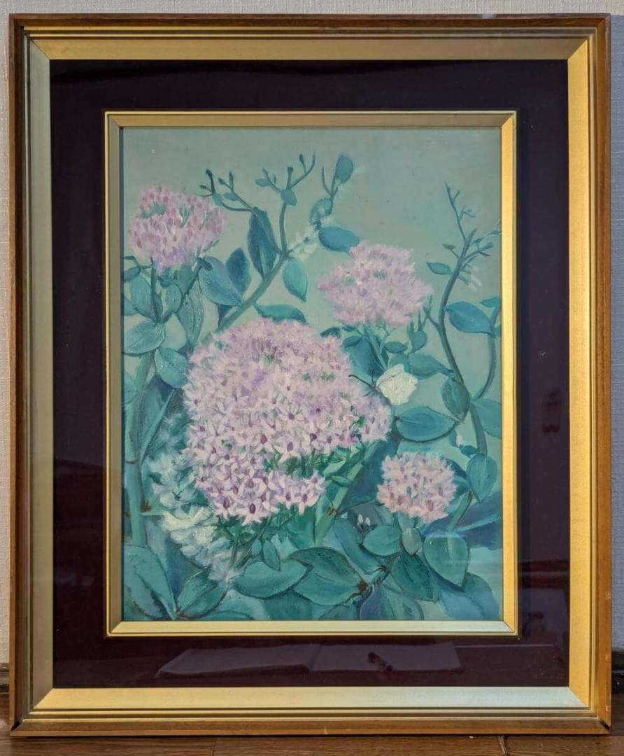 【真作】絵画　上野倭文子　油彩6号　ベンケイソウ　華やぐ花々の調べ　U133