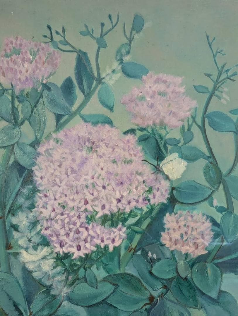 【真作】絵画　上野倭文子　油彩6号　ベンケイソウ　華やぐ花々の調べ　U133