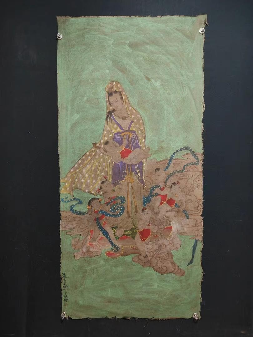 中国古美術・純手描き・吴道子人物画芯・觀音画像167x86cm・書画・絹本・仏像 唐呉道子の観音様拓本掛け軸 | 真言宗智山派 円泉寺 埼玉県飯能市