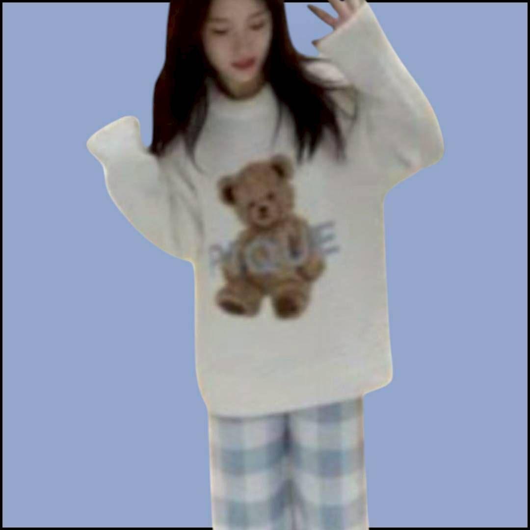 新品ジェラートピケ ルームウェア 冬くまふわふわ ホワイト上下セット