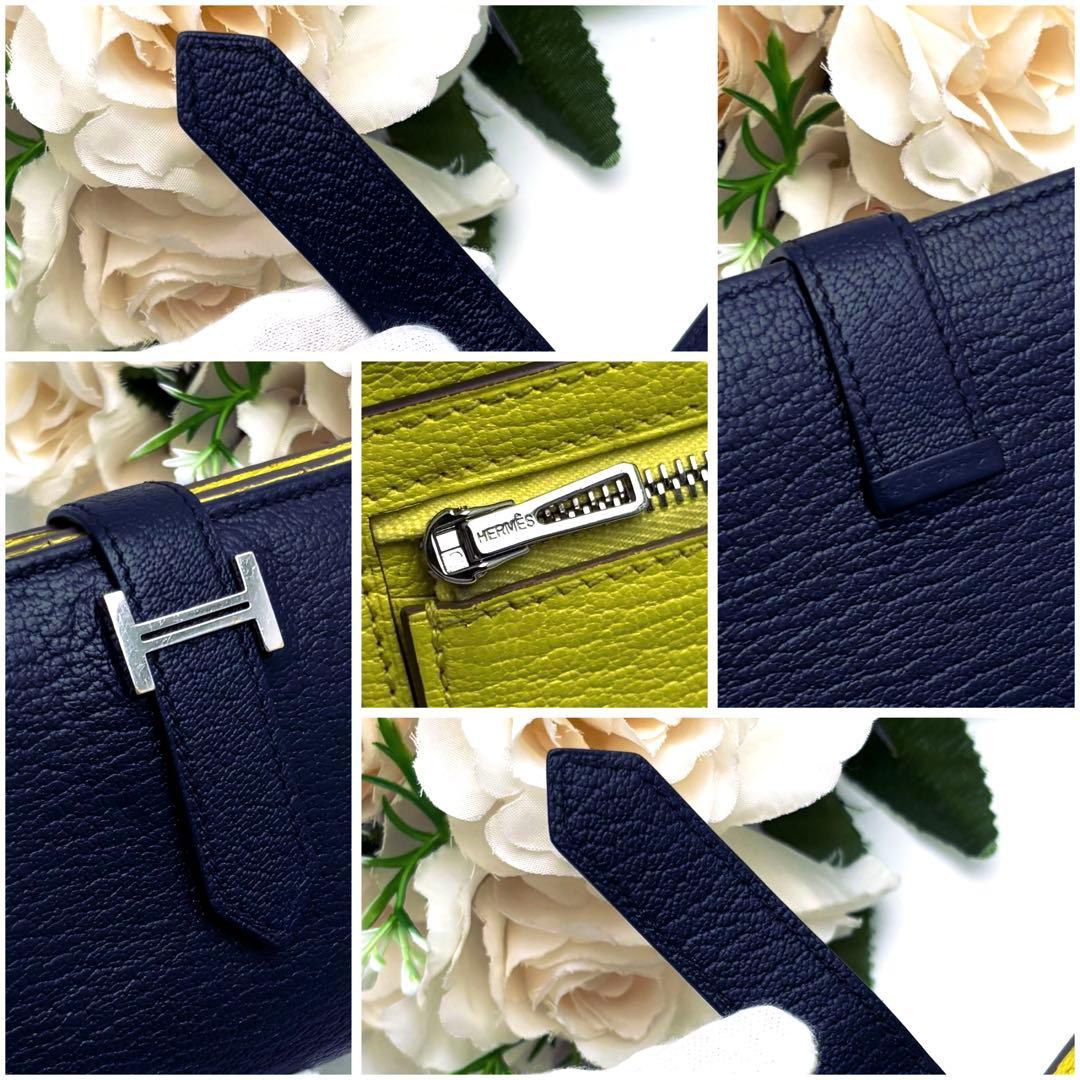 HERMES べアン スフレ 二つ折り 長財布 ネイビー 紺 イエロー 黄色 青