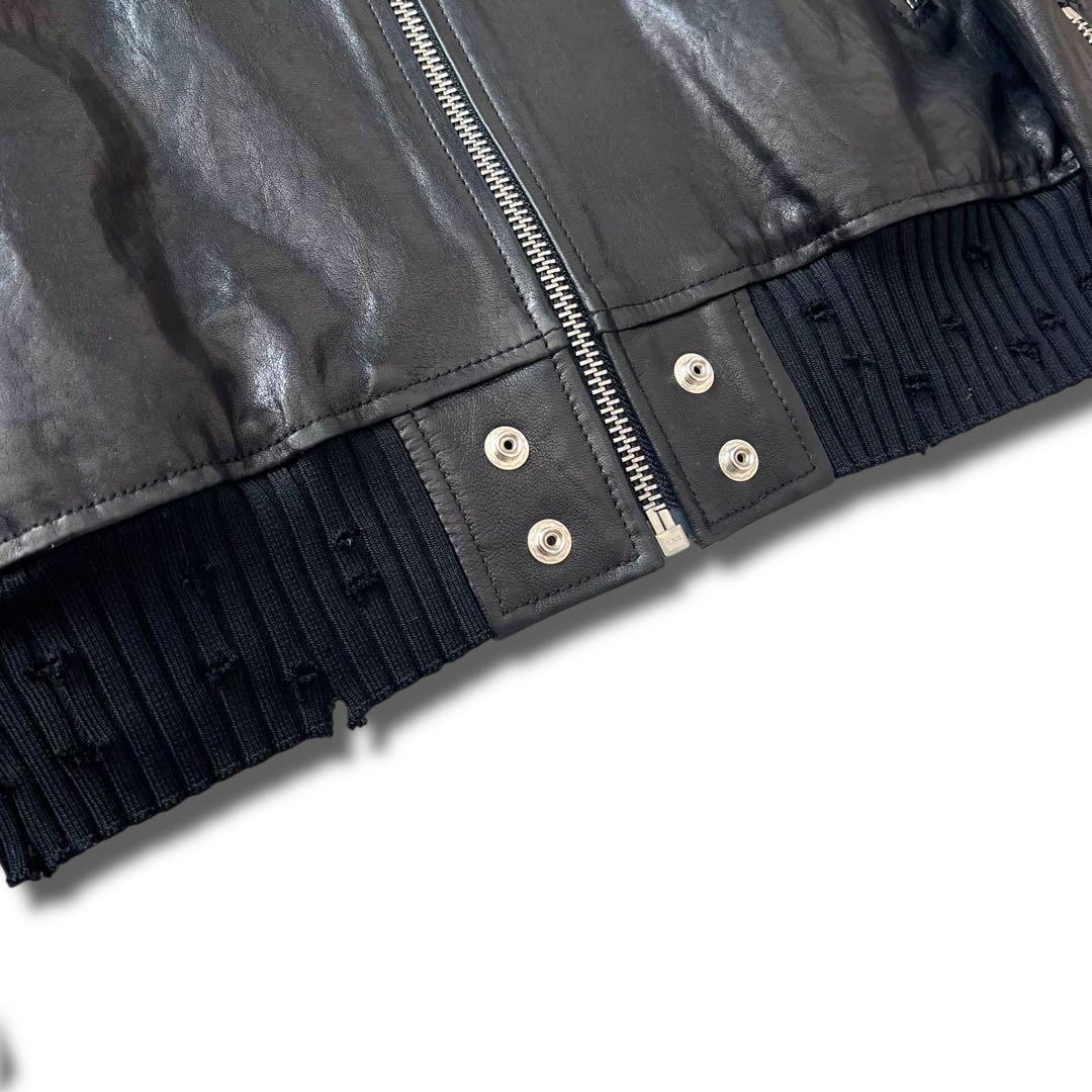 良品 DIESEL ラムレザー ボンバー ジャケット M リブ ダメージ加工