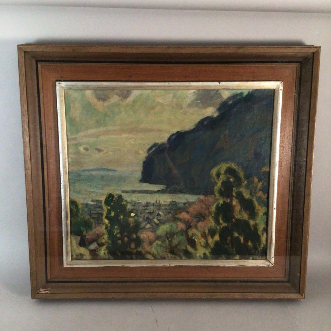 No3710額装　笹鹿彪　「熱海の朝」　油彩画10号　直筆サイン　絵画　送料無料