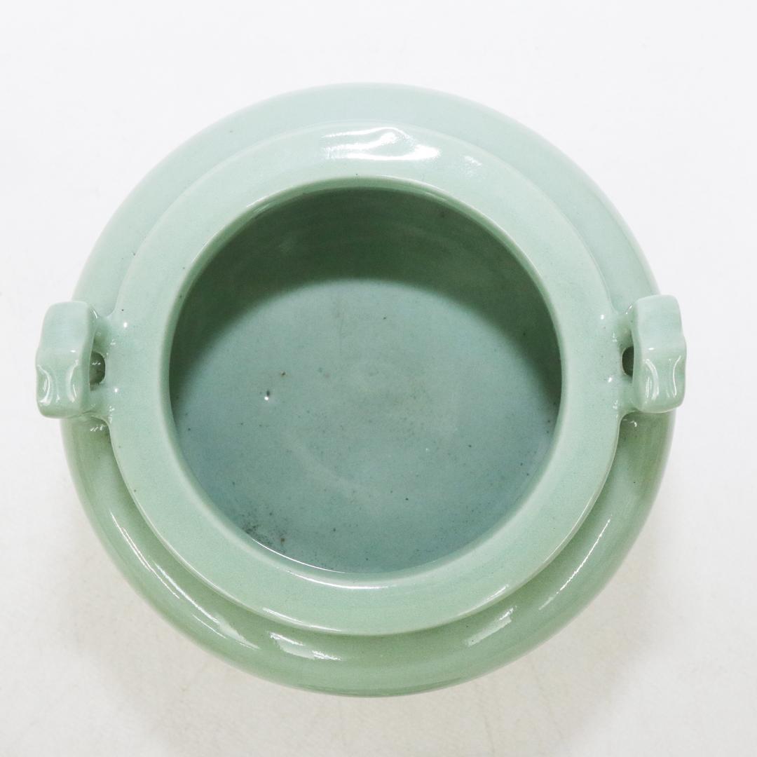 初代 諏訪蘇山 作 青磁 立耳 香炉 共箱 共布 鳳凰透火舎