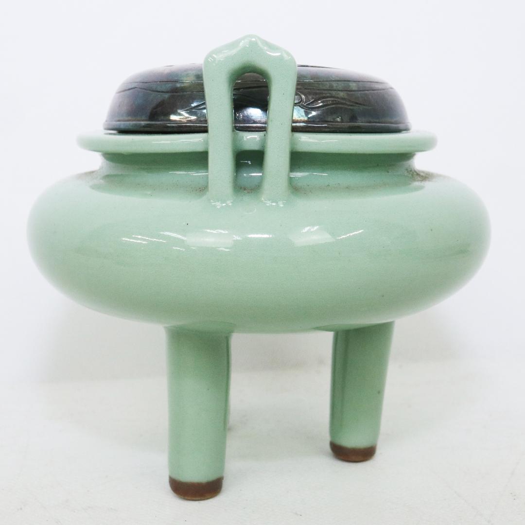 初代 諏訪蘇山 作 青磁 立耳 香炉 共箱 共布 鳳凰透火舎