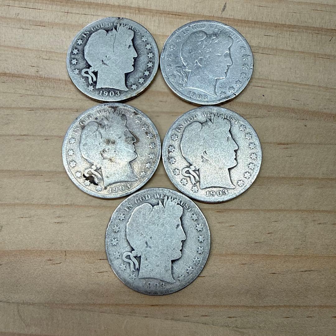 1903年　バーバーハーフダラー　アメリカ銀貨 5枚セット