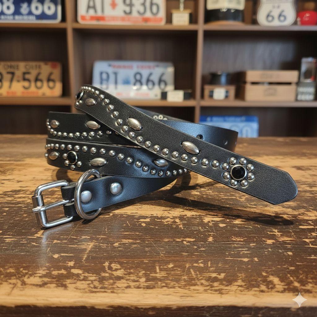 フラワー黒■本革レザーフルスタッズナローベルト☆アメカジ古着ヴィンテージ