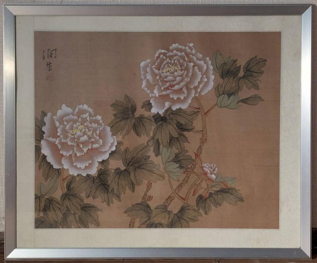 【真作】絵画　日本画　白牡丹図　花の図　優雅な日本画作品　柔らかな彩り　W186