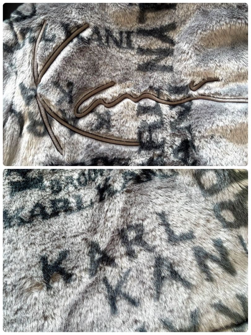 Karl Kani 総柄 ロゴ刺繍 ファーコート ボア L シルバーグレー Karl