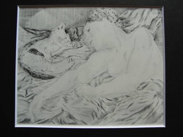 藤田嗣治、裸婦と猫、希少画集画、新品額装付