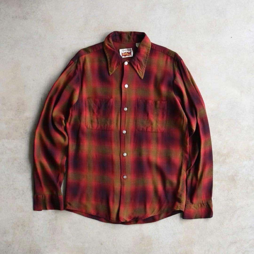 70s カントリースクエア オンブレチェック レーヨン 長袖シャツ