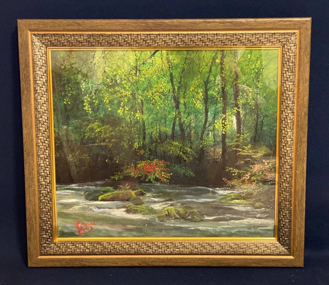 「真作」北川欽造「三乱の流れ」風景画　絵画　油彩画　額装　サイン有り　F10号