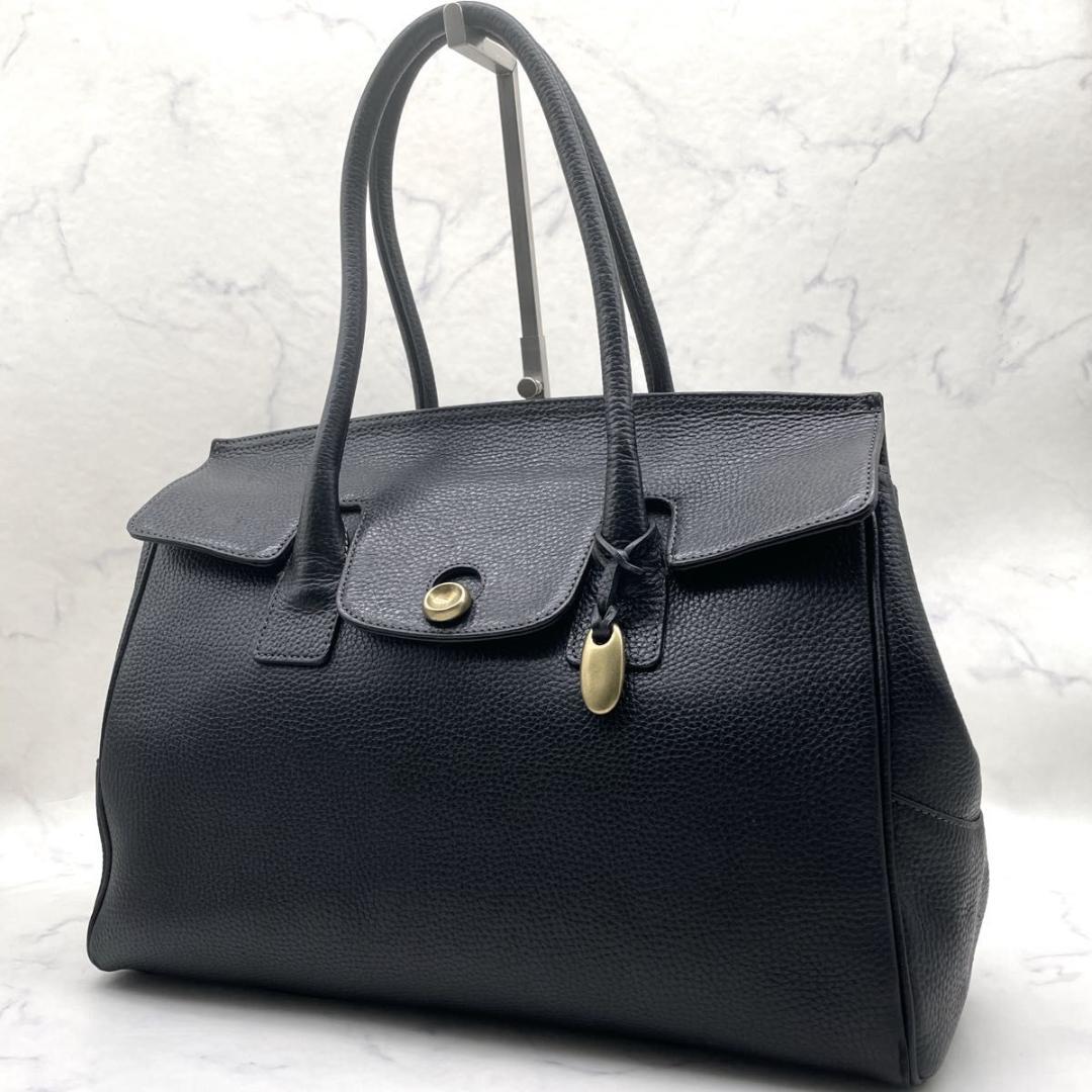 トフアンドロードストーン トートバッグ ルーフボタン シボ革 黒 A4 肩掛け