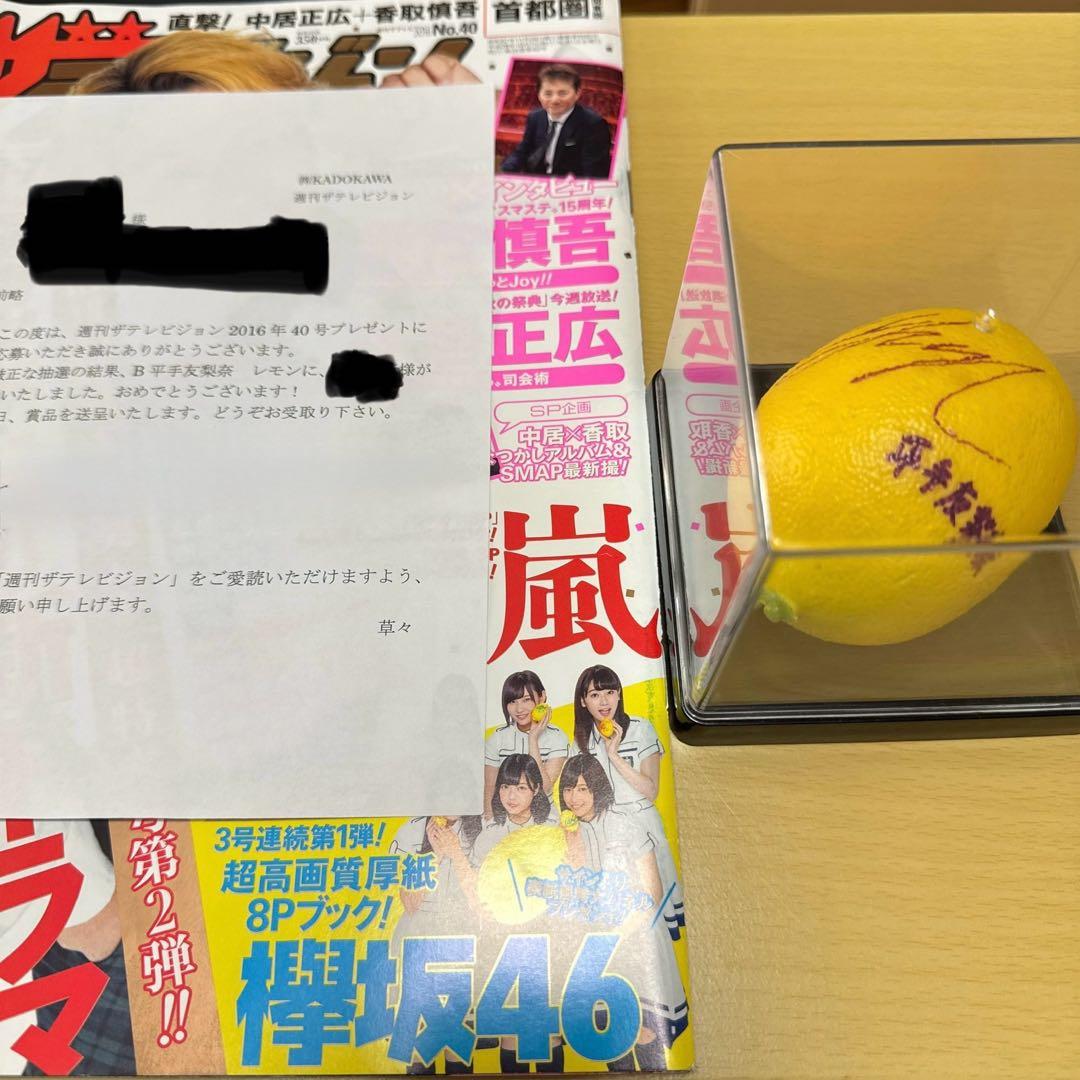 平手友梨奈 欅坂46 ザ・テレビジョン サイン入りレプリカレモン ※当選通知書付 平手友梨奈 欅坂46 ザ・テレビジョン サイン入りレプリカレモン ※当選通知