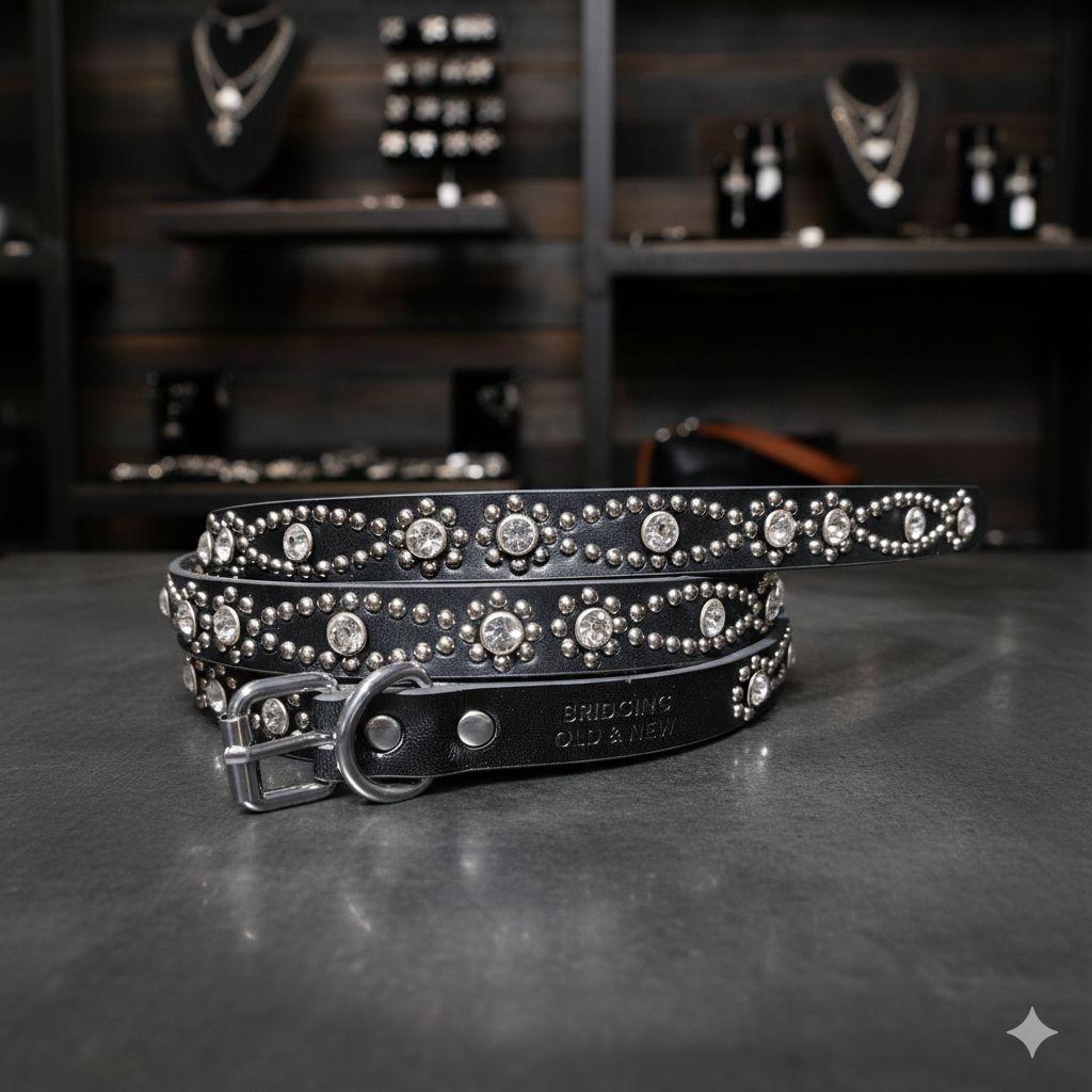 クロス銀■本革レザーフルスタッズナローベルト☆シルバースワロフスキー クロス銀 本革レザーフルスタッズナローベルト シルバースワロフスキー