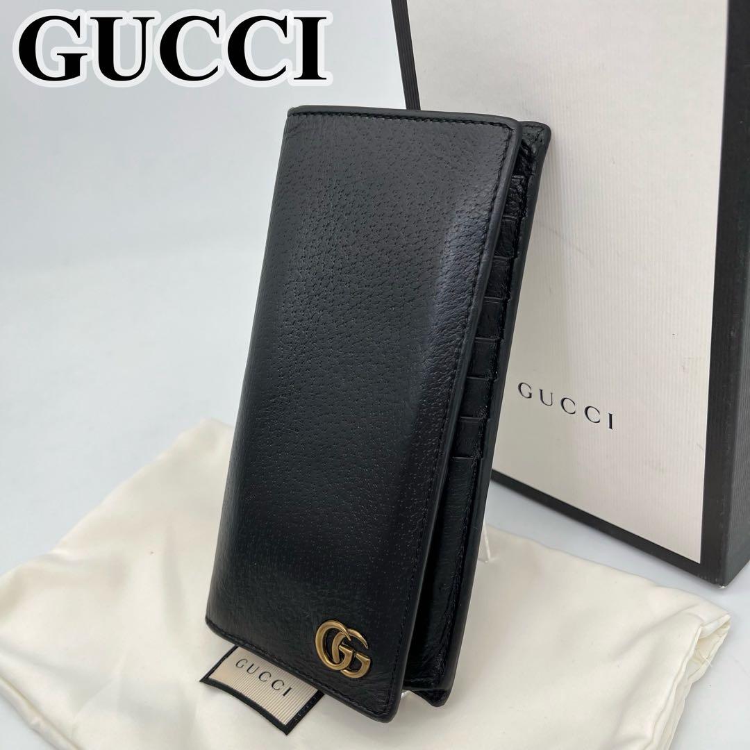GUCCI 長財布 フラップ マーモント GG金具 ブラック レザー 男女可能