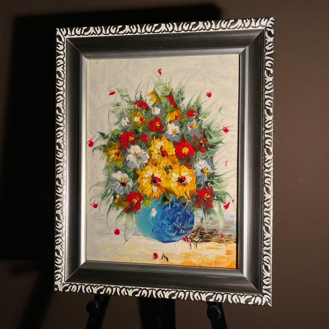 手書き油絵 花瓶の花 額付 絵画 インテリア 油彩画