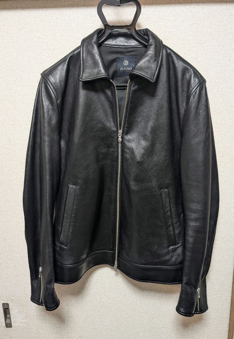 【美品】ナノユニバース　襟付きラムレザーシングルライダースジャケット　XL