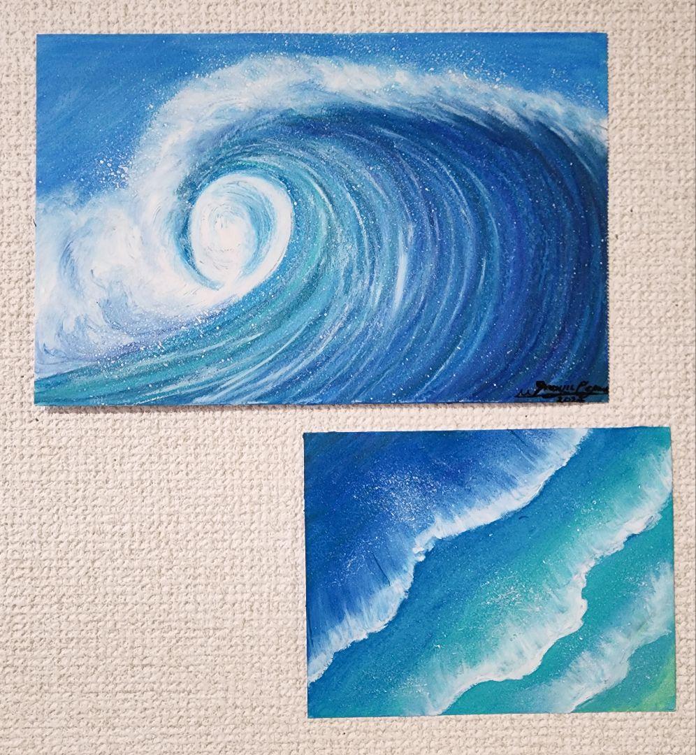 風景画 海の絵 パステル アート 絵画 夏 サーフィンの絵 サーフィン 波