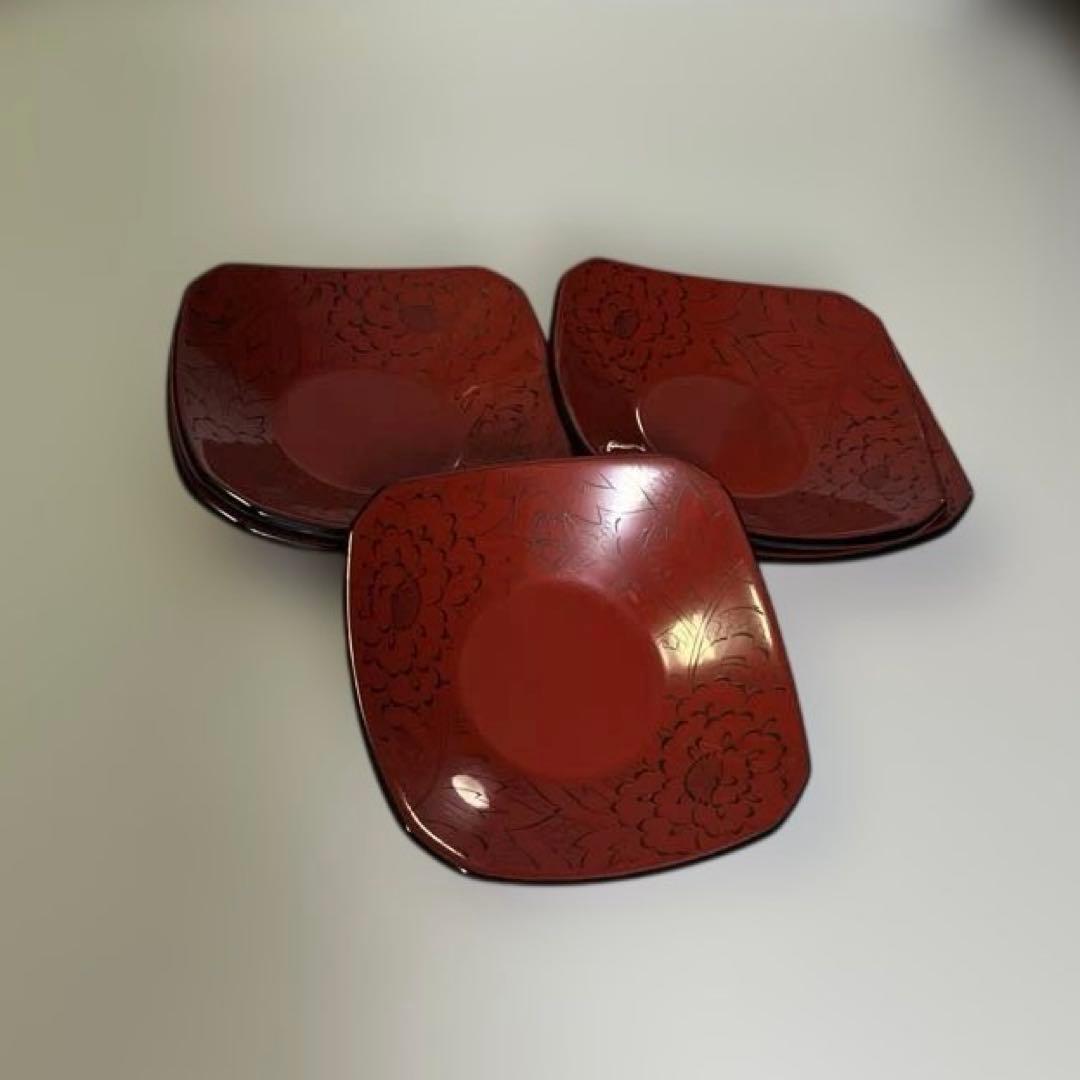 千舟生選 輪島塗 輪島塗 漆器 伝統工芸 茶托 皿 赤漆 5枚 沈刻 - メルカリ