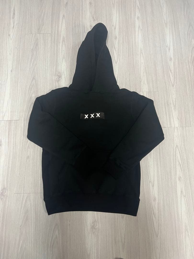 ゴッドセレクション XXX 黒 ロゴ刺繍 パーカー S裏起毛 希少 フード