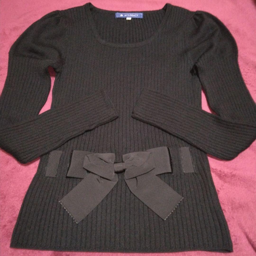 エムズグレイシーパフスリーブリボンリブニットブラック38