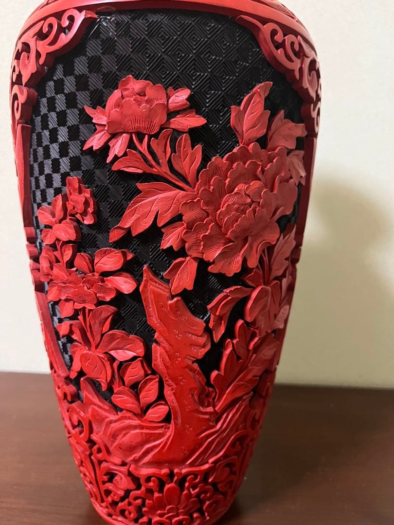 堆朱花瓶 高さ約31㎝ 骨董品 細密彫刻 中国美術漆工芸 花入 花台付き