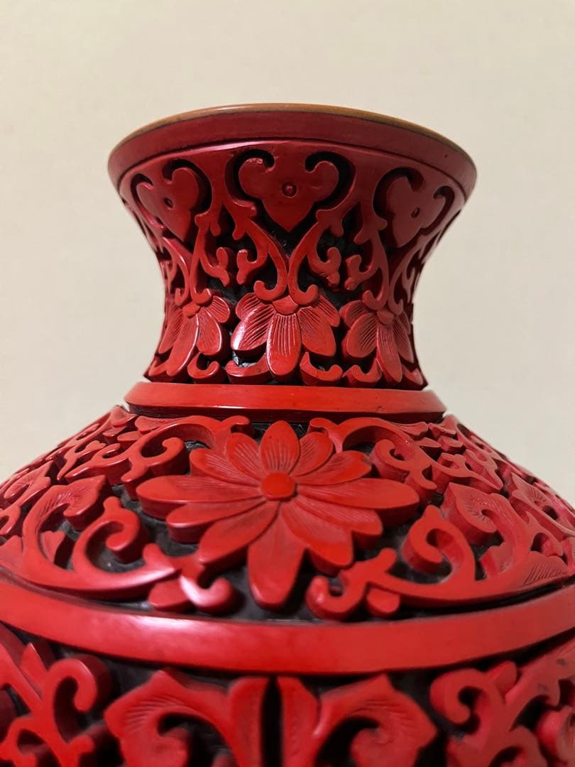 堆朱花瓶 高さ約31㎝ 骨董品 細密彫刻 中国美術漆工芸 花入 花台付き