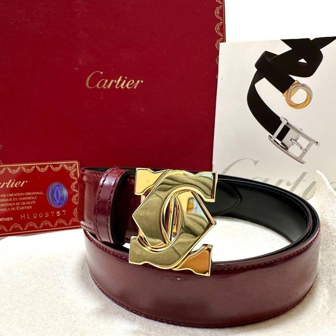 未使用級 カルティエ ベルト レザー ボルドー ゴールドバックル ダブルC ロゴ
