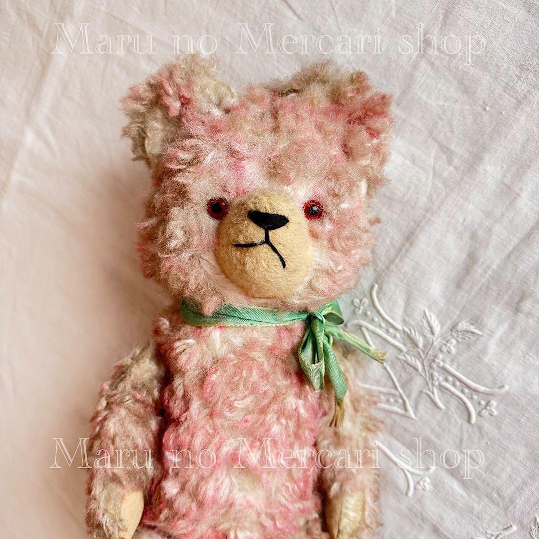 アンティーク　ドイツ　ピンクのベア　グリーンリボン　アンティークベア アンティーク ドイツ ピンクのベア グリーンリボン アンティークベア