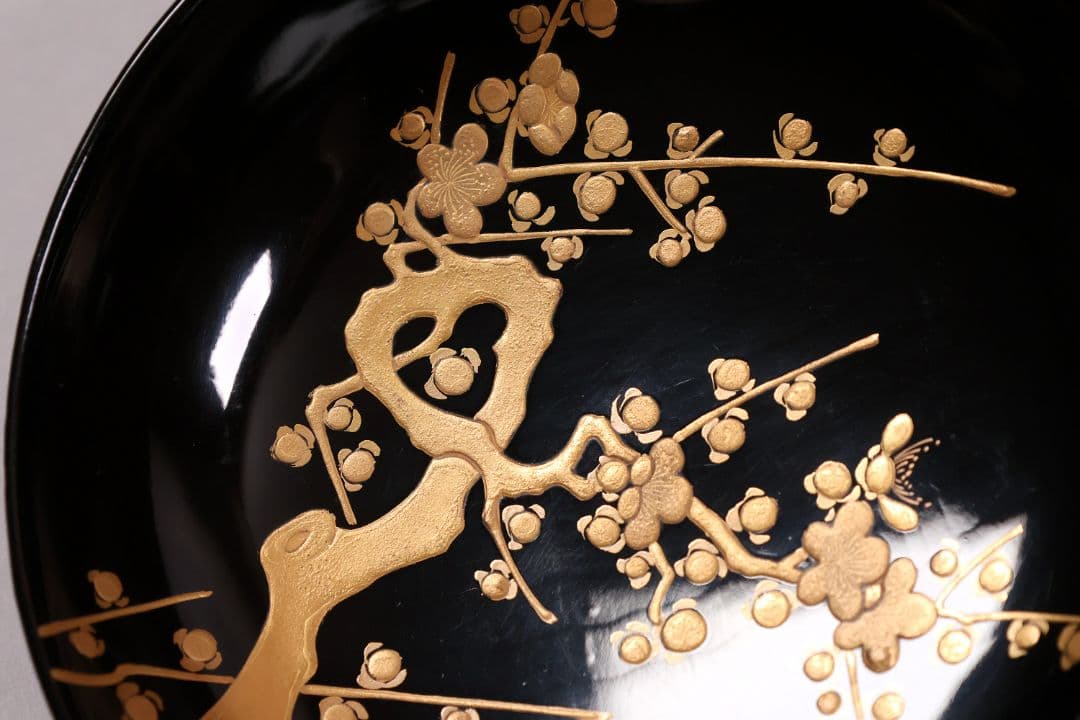 CM233】古い木皿 五客 梅 金蒔絵 黒塗 小皿 菓子皿 木製漆器 大正昭和