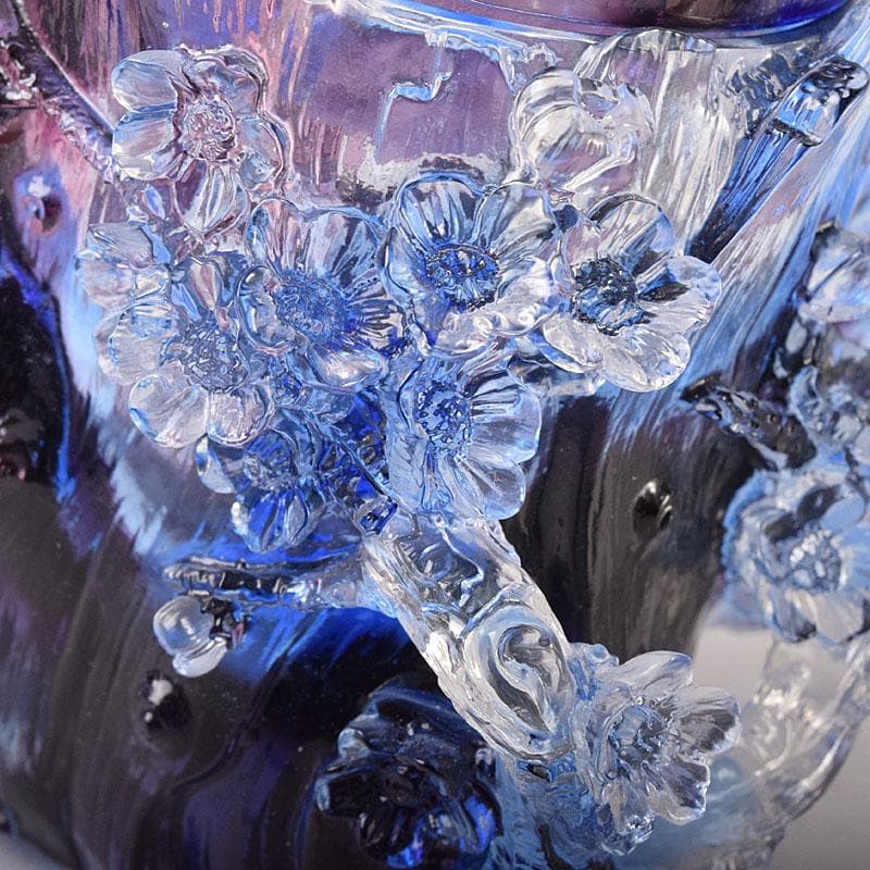 中国 ガラス工芸 琉璃夏氏 花彫刻 急須型 置物 箱・証明書付 C 8201