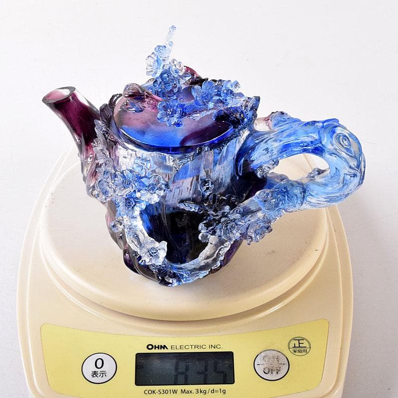 中国 ガラス工芸 琉璃夏氏 花彫刻 急須型 置物 箱・証明書付 C 8201