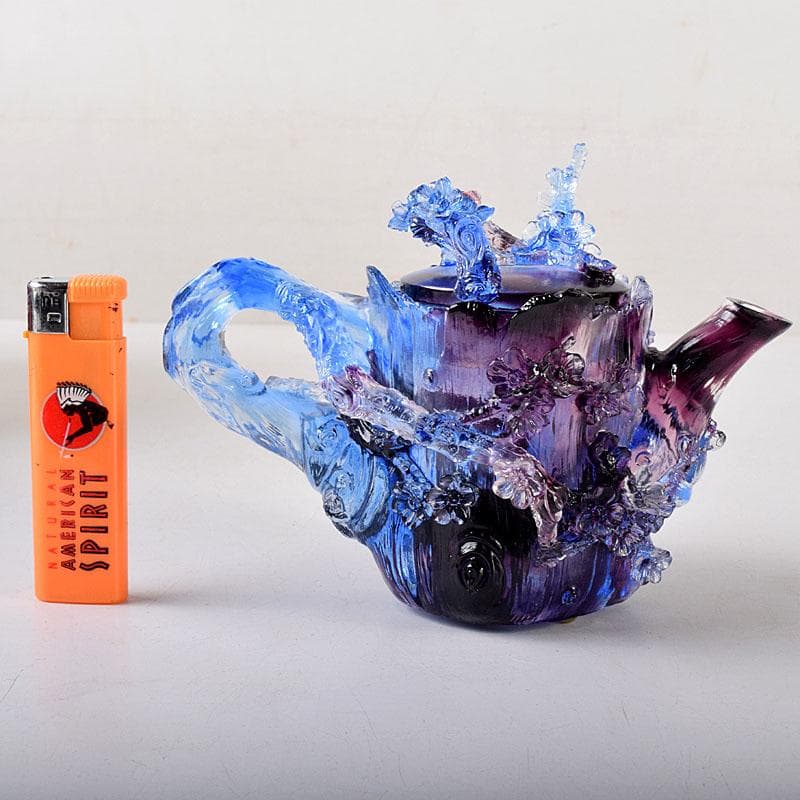 中国 ガラス工芸 琉璃夏氏 花彫刻 急須型 置物 箱・証明書付 C 8201