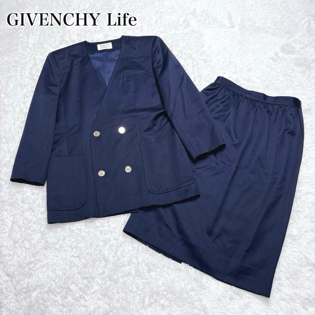 GIVENCHY Life ノーカラー 金ボタン スカートスーツ ネイビー