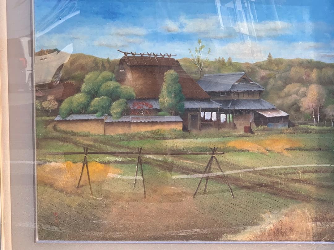 水彩画 風景画 額装済み(故郷) 手書き油絵 山小屋に続く道 絵画 額付き