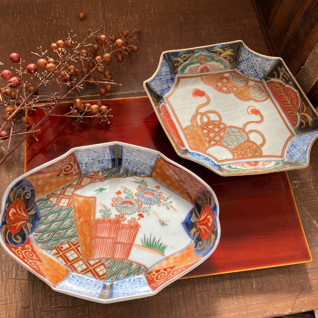 専用。アンティーク　和骨董　変形皿　菱形　蚤の市　金彩　八角形　２種　2枚セット