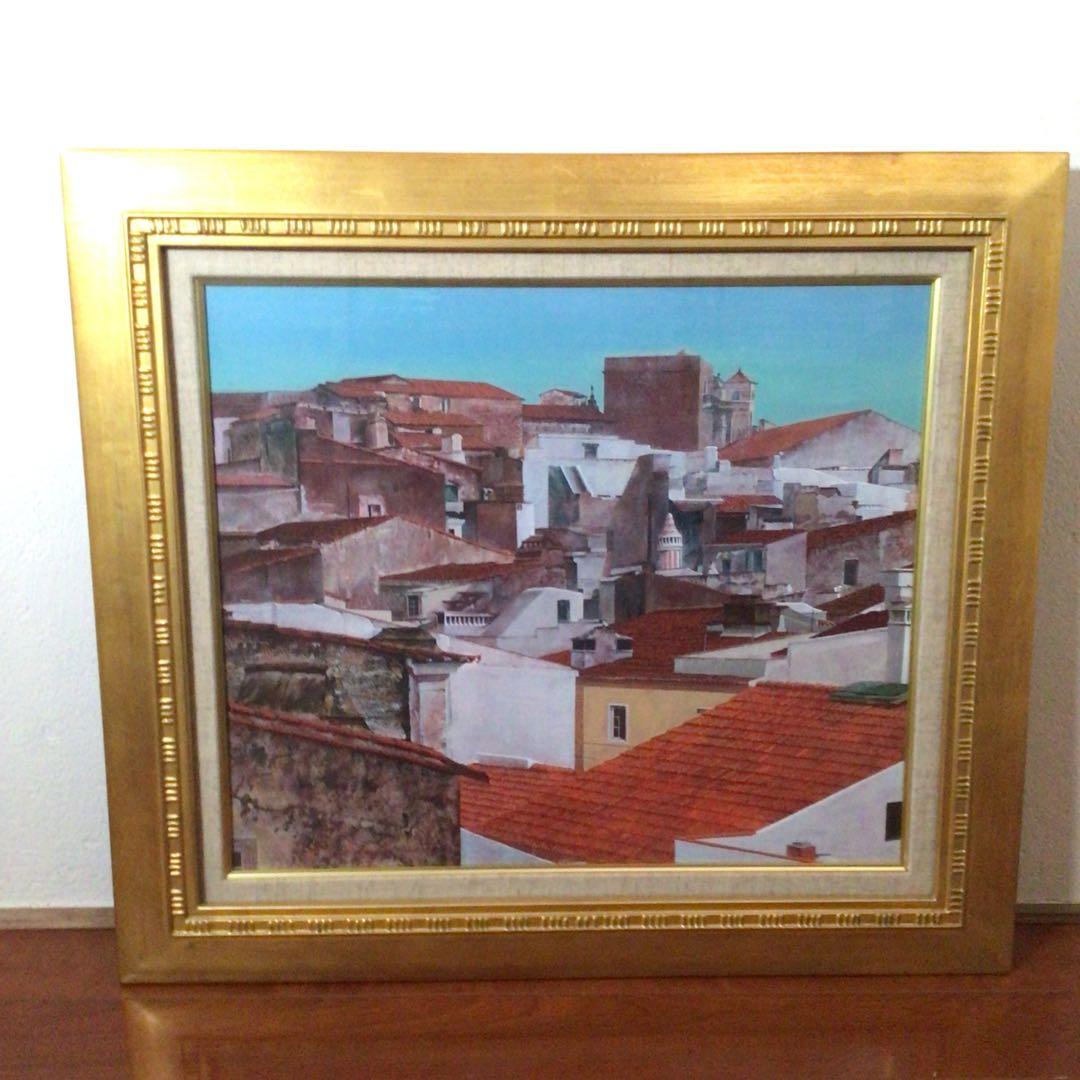 No2758 額装　井阪仁　「赤い屋根の風景」　黄袋共箱　日本画　琳派　送料無料