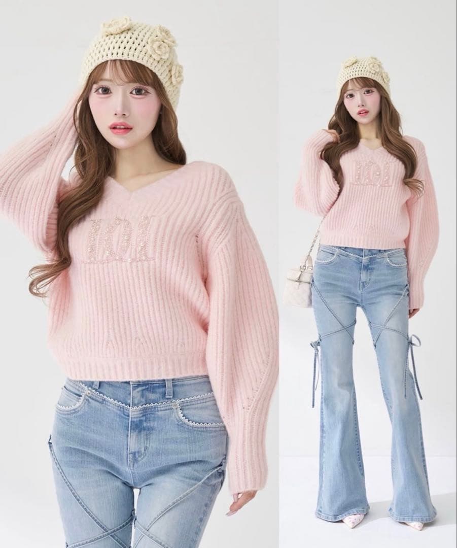 Darich ファンシービーズDDロゴボリュームニットトップス ピンク