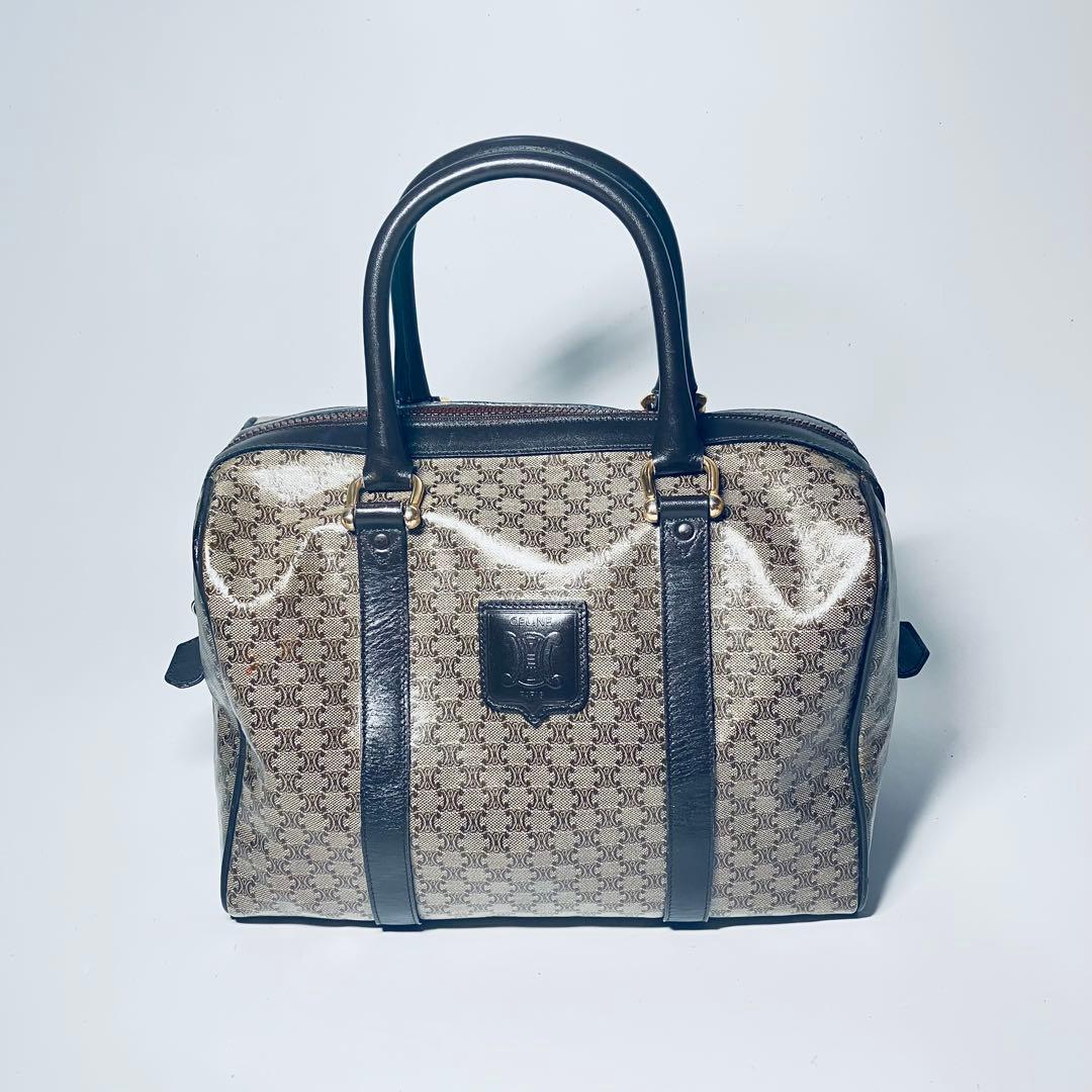 美品 CELINE PVC レザー ボストンバッグ マカダム トリオンフ 茶