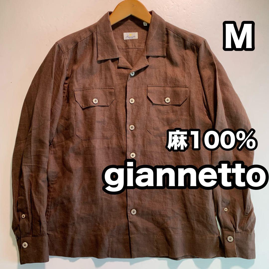 giannetto 麻100% イタリア製 開襟シャツ リネンシャツ M ワーク