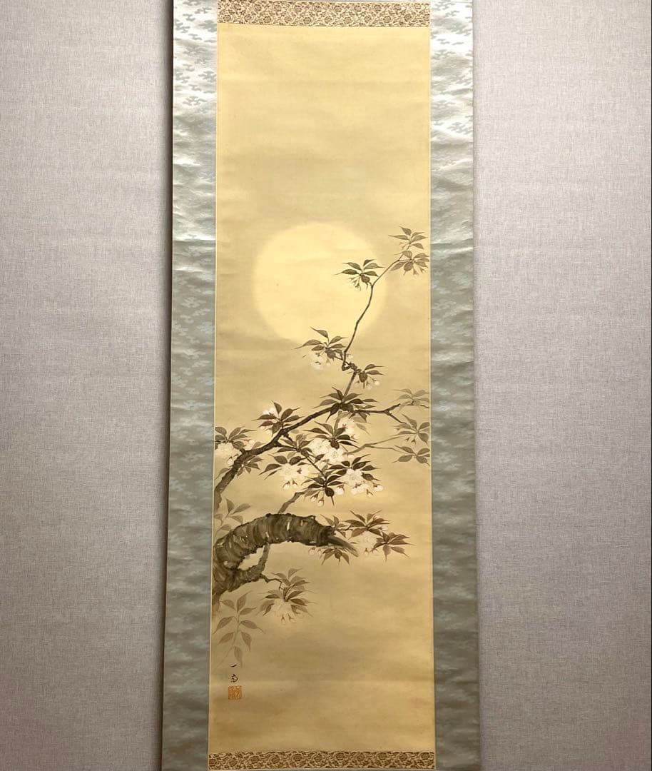 一斎 掛け軸 掛軸 直筆 夜桜 満月 朧月 日本画 絵画 春 桜 茶掛 肉筆
