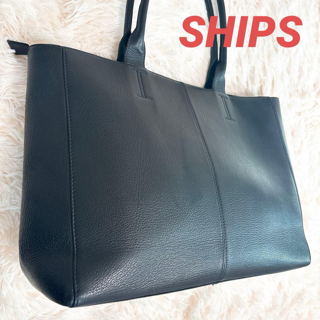 SHIPS 黒 レザー トートバッグ A4収納 シップス 本革 ビジネスバック