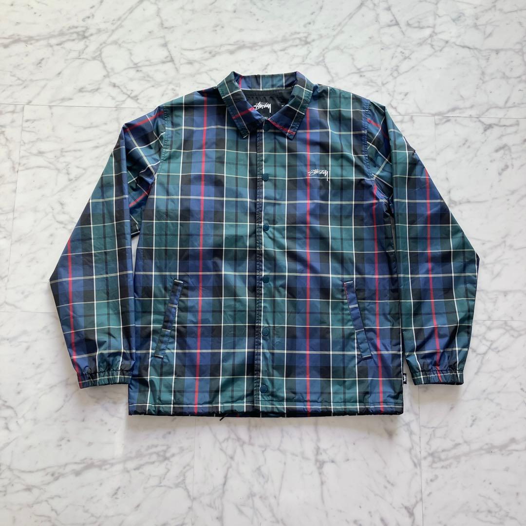 【美品✨】Stussy チェック柄 コーチジャケット ロゴ刺繍 緑 Mサイズ