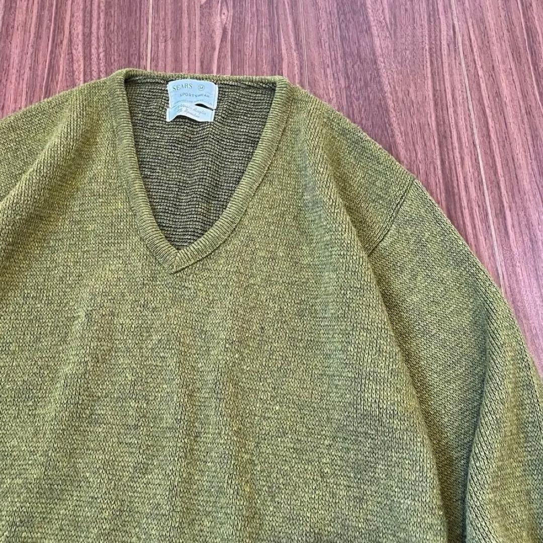 60sビンテージSearsシアーズVネック古着ニットセーターMメンズ抹茶緑中古