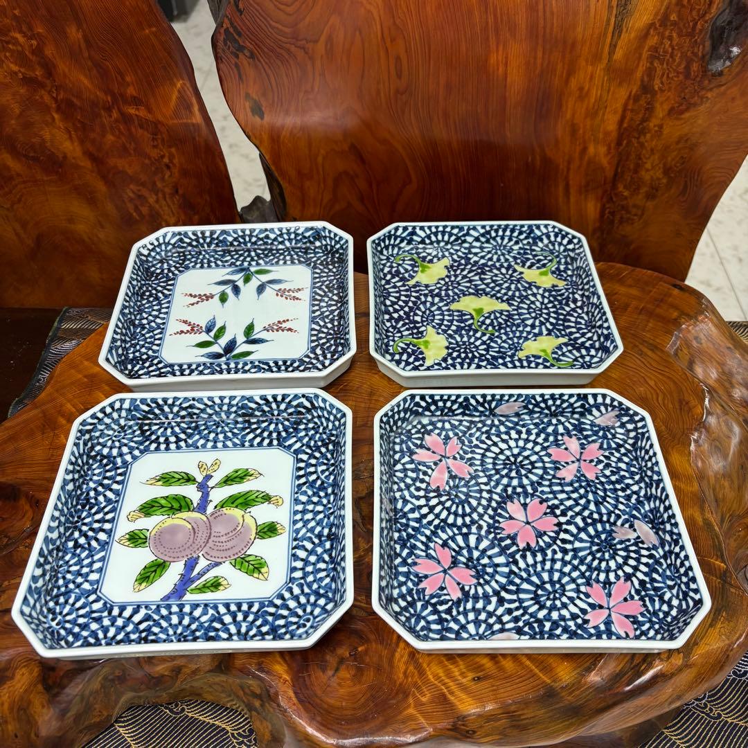 藤太郎窯　有田焼　染付　蛸唐草　皿　4枚まとめ