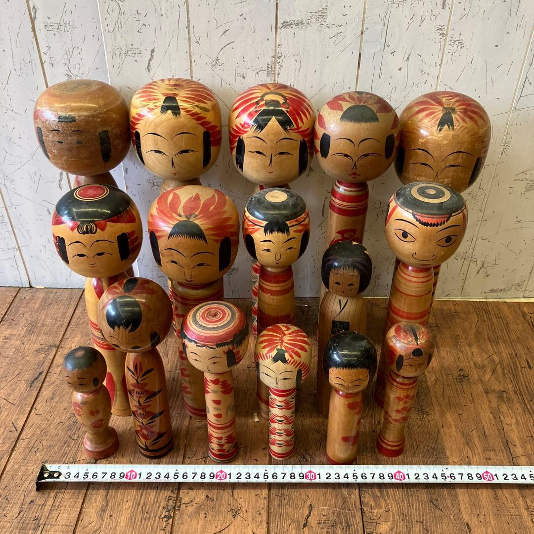 昭和レトロ 木製 こけし 小芥子 人形 16体セット 手描き 日本人形 置物