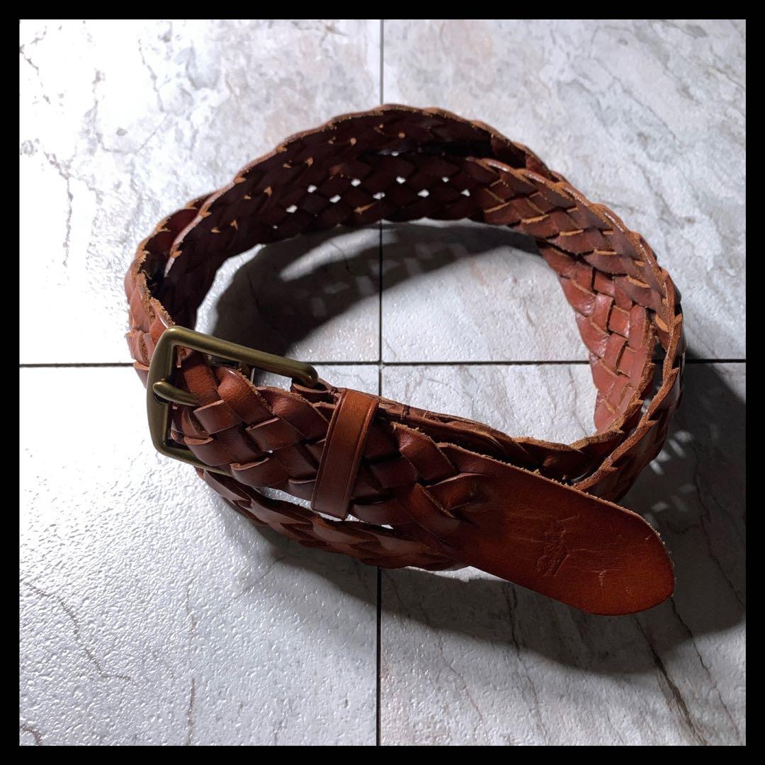 90s〜 ラルフローレン 本革 レザー メッシュベルト ブラウン ゴールド 美品